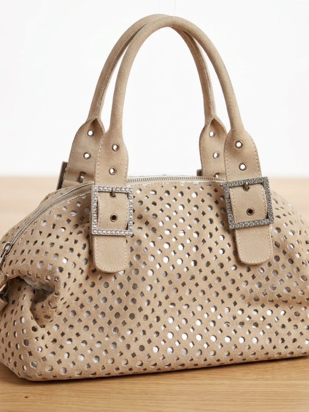 Vintage DEUX LUX Beige Vegan Suede Laser Cut Perforated Hobo Satchel